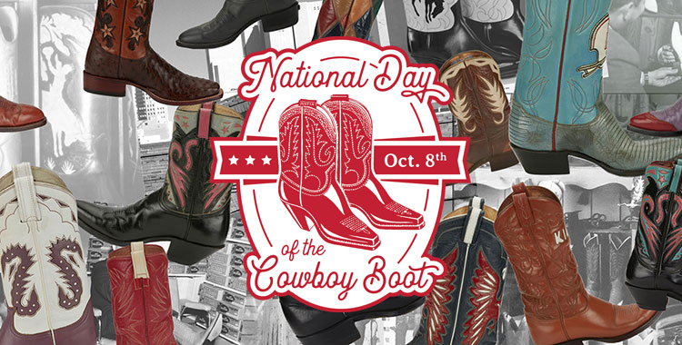 National Day of the Cowboy Boot. A collage of historic Justin boot Company pictures in black and white with multiple historic cowboy boots prominately shown in multiple colors to showcase cowboy boots.